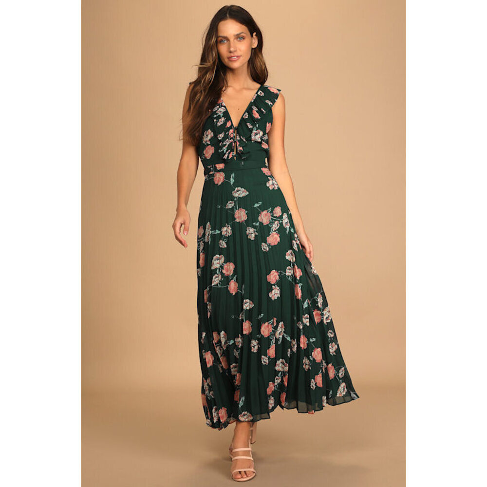 Lulus Loved By You Dark Green Floral Print Pleated Chiffon Maxi Dress - Size S